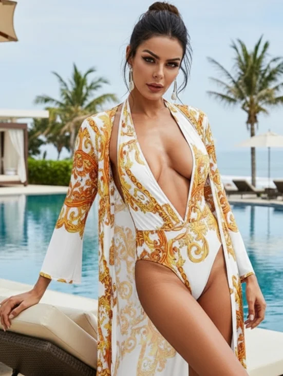Baroque Swimwear Set Plunge Halter One-Piece Longline Swim Longline Cover-Up